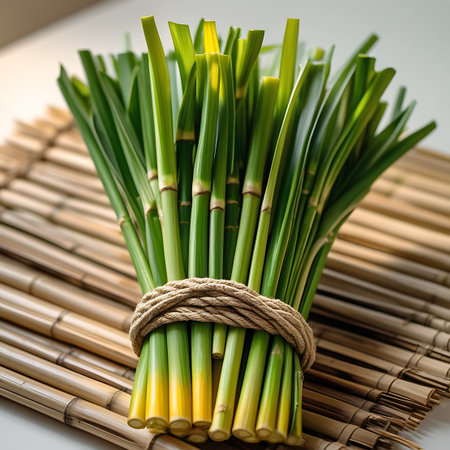 A close-up shot showcases a bundle of fresh green stalks, possibly reeds or bamboo shoots, tied together with thick rope. The stalks are arranged on a woven bamboo mat, highlighting their vibrant green color and the yellow hues at their base. The lighting is bright, emphasizing the natural textures and the clean, organic appearance of the bundle.の素材