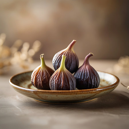 Four ripe figs with deep purple and brown skin are arranged on a textured ceramic plate. The figs have prominent ridges and stems. The plate has a rustic, earthy glaze. The background is softly blurred in warm tones, creating a gentle bokeh effect. The lighting highlights the texture and sheen of the fruit.の素材