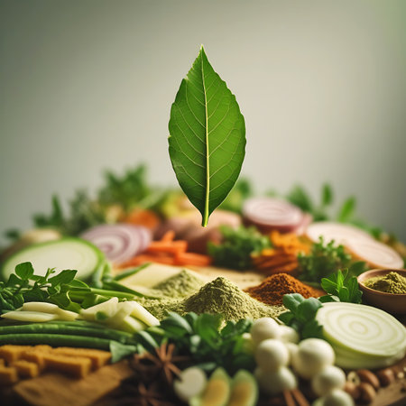 A vibrant green leaf hovers in the air above a bountiful spread of fresh, raw ingredients. The assortment includes sliced zucchini, red onions, carrots, green beans, and various spices and herbs in mounds and wooden bowls. The focus is on the freshness and natural beauty of the ingredients, suggesting healthy eating and culinary preparation.の素材