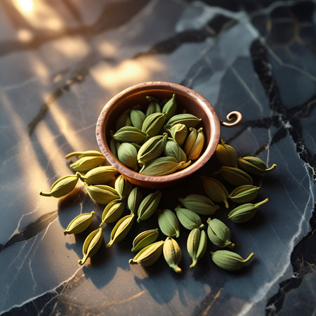 A close-up, overhead shot of numerous green cardamom pods spilling out of a small, ornate copper bowl onto a dark, veined marble surface. Sunlight casts dramatic shadows across the scene, highlighting the textured pods and the glossy stone. Some pods are clustered in the bowl, while others are scattered around it, creating a visually appealing arrangement of this aromatic spice.の素材