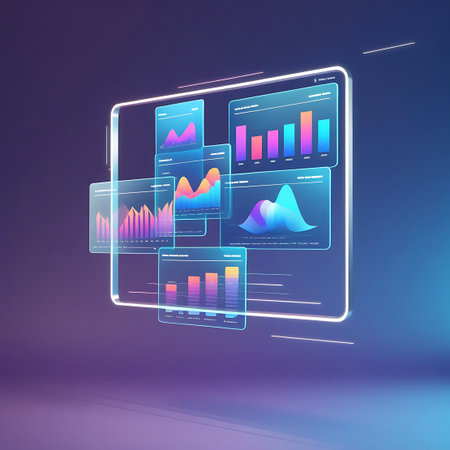 A series of transparent digital screens are presented in a floating, layered configuration, illustrating various data analysis charts. The screens display bar graphs, line graphs with colorful peaks, and pie charts against a deep blue and purple gradient backdrop. The aesthetic is modern and technological, emphasizing data interpretation.の素材