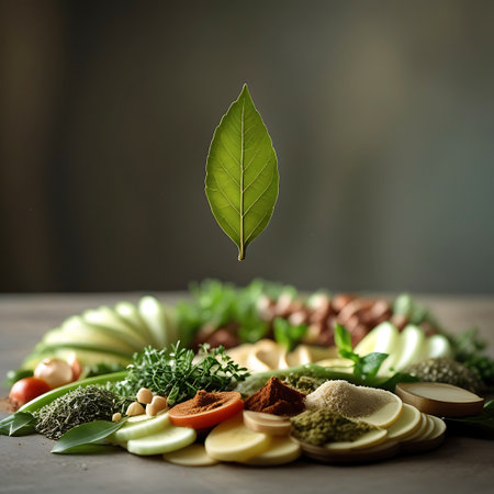 A single green leaf is suspended in the air above a rustic wooden surface covered with a variety of fresh vegetables and spices. The arrangement includes sliced zucchini, chickpeas, fresh herbs, and mounds of ground spices. The dark background and focused lighting enhance the visual appeal of the natural ingredients.の素材