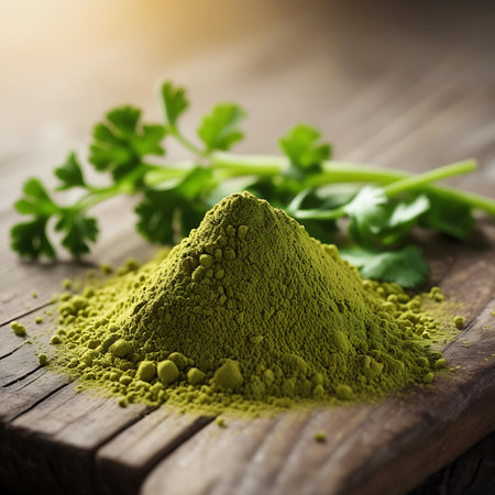 A close-up shot of a vibrant green powder, likely a ground herb or spice, piled high on a rustic wooden board. Fresh sprigs of cilantro, with their distinctive leaves, are placed behind the powder, suggesting its origin or a complementary flavor. The lighting highlights the texture of the powder and the wood grain, creating a warm and inviting atmosphere.の素材