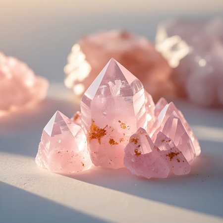 A group of pink rose quartz crystals are arranged together, with a prominent central crystal. The crystals are translucent and faceted, catching the warm sunlight which creates a soft glow and highlights subtle inclusions within their structure. The background is softly blurred, with hints of other pink formations, contributing to a serene and natural feel.の素材