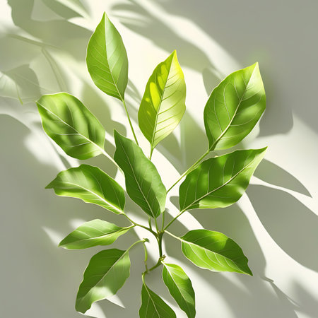 A close-up, top-down view of a cluster of vibrant green plant leaves arranged on a clean white surface. Sunlight casts distinct, elongated shadows of the leaves and branches across the background, creating a dappled light effect. The leaves are detailed with visible veins and have a slightly glossy texture.の素材