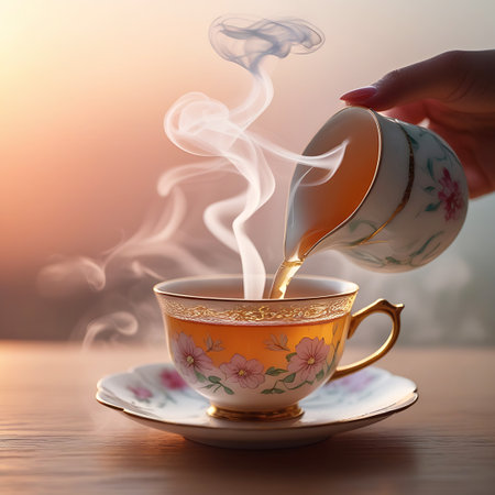 A close-up shot captures a hand delicately pouring hot, amber-colored tea from a small, floral-decorated pitcher into a matching teacup and saucer. Wisps of steam gracefully rise from the pouring liquid and the filled cup, creating a warm and inviting atmosphere. The teacup and saucer feature a delicate floral pattern with pink and green accents. The scene is bathed in soft, warm light, suggesting either sunrise or sunset.の素材