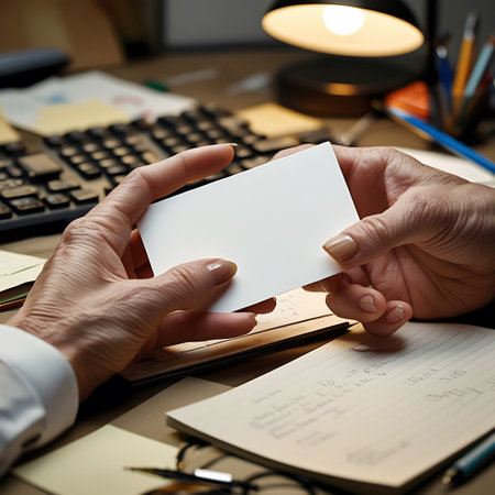 An overhead view of two sets of hands, one appearing older and wrinkled, holding a blank white card between them. The scene is set on a busy office desk, with a keyboard, a notebook filled with handwritten notes, pens, papers, and a desk lamp visible in the background. The lighting is warm, suggesting an indoor workspace. The focus is on the exchange of the blank card, implying a business interaction or the passing of information.の素材