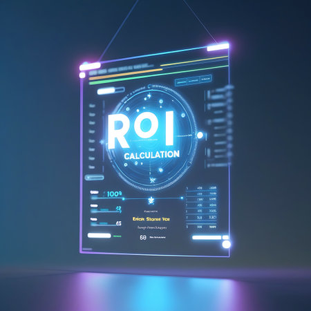 A holographic screen floats in a dark environment, displaying "ROI CALCULATION" prominently in the center. The screen shows various data points, charts, and numerical information in glowing blue and white. Side panels feature lists of numbers and text, suggesting detailed financial analysis and metrics.の素材