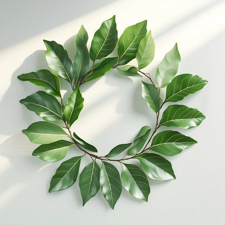 A circular wreath composed of numerous vibrant green leaves and thin branches is displayed on a light background. Sunlight streams in, creating distinct shadows that add visual interest and depth to the composition. The leaves are detailed with visible veins and have a smooth, reflective surface.の素材