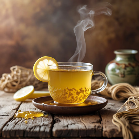 A clear glass cup of steaming herbal tea with a lemon slice on its rim is presented on a wooden saucer. A generous drizzle of golden honey pools on the saucer, and a lemon slice rests beside it. Delicate tendrils of steam rise from the hot drink, suggesting its warmth and aroma. The background features rustic elements like knitted fabric and a decorative vase, all set against a weathered wooden surface.の素材