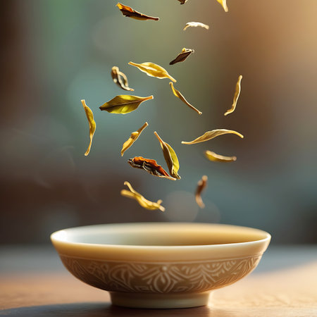 A collection of dried tea leaves are suspended in the air, creating a dynamic visual as they appear to be falling or floating. They are positioned above an empty, ornate ceramic bowl with a decorative rim. The background is softly blurred with warm, diffused light, emphasizing the tea leaves and the bowl.の素材