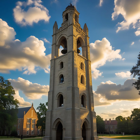 A tall, historic stone bell tower stands prominently against a dramatic sky filled with golden-tinged clouds during sunset. The tower features Gothic-style arches, visible bells, and intricate stonework. Sunlight casts long shadows across the surrounding green lawn and trees, creating a warm and atmospheric scene. In the background, other campus buildings are visible.の素材