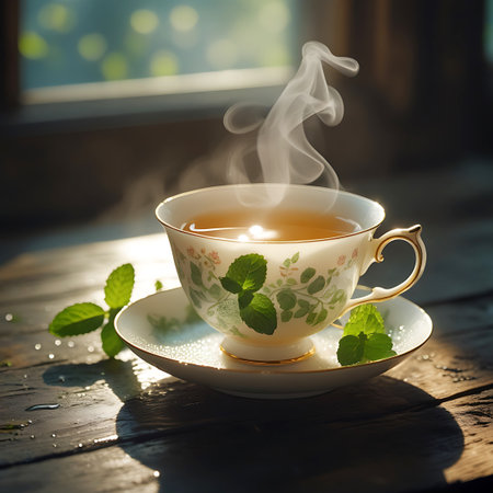 A close-up shot of a steaming cup of mint tea, presented in an ornate porcelain teacup and saucer. Fresh, vibrant mint leaves are arranged next to the cup, glistening with tiny droplets. Sunlight filters through a window, casting a warm glow and creating a soft bokeh effect in the background, highlighting the steam rising from the hot drink.の素材