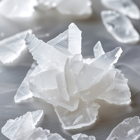 An intricate cluster of translucent white crystalline formations is the central focus of this macro photograph. The cluster is composed of numerous sharp, angular shards and elongated crystals radiating outwards. Light penetrates the translucent material, creating internal reflections and highlighting the delicate, layered textures. Smaller fragments are scattered around the base of the main formation. The background is softly blurred, emphasizing the complexity and sharp details of the...の素材