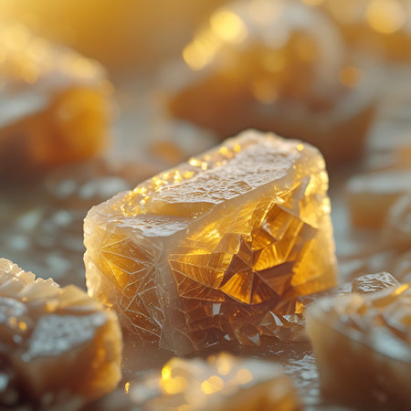 This close-up image showcases a cluster of amber crystals, each with distinct facets and internal crystalline structures. The crystals are illuminated, creating a warm, golden glow and highlighting sparkling points of light. The focus is on the intricate details of the mineral's surface and the way light interacts with its translucent form.の素材