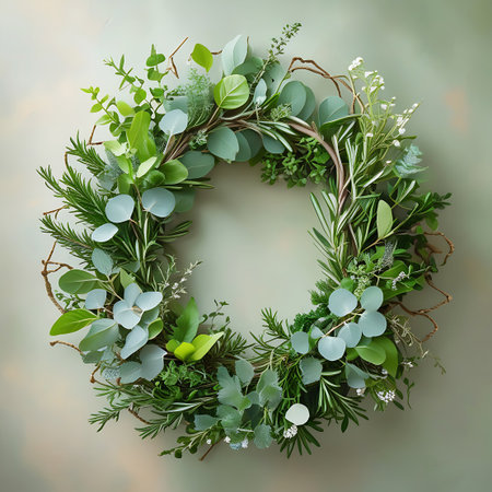A circular wreath composed of various green foliage, including eucalyptus leaves and rosemary sprigs. Delicate white flowers are interspersed throughout the arrangement. The wreath is constructed on a base of natural, intertwined twigs, creating a rustic and organic aesthetic. The background is a soft, muted green, allowing the vibrant green of the wreath to stand out.の素材