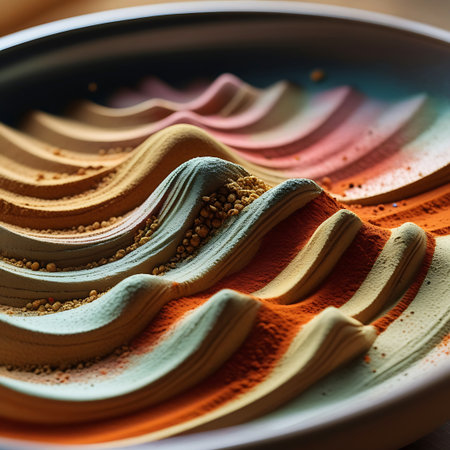 A macro shot of a bowl filled with an abstract arrangement of multi-colored spices, sculpted into wavy hills and valleys. The palette includes soft pastel shades of pink and green, alongside vibrant orange, yellow, and beige powders. Fine granular seeds are visible on the surfaces of the powdered hills. The lighting accentuates the smooth, flowing contours and the varied textures of the spice composition.の素材