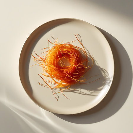 A close-up, top-down view of a delicate nest of vibrant orange saffron threads artfully arranged on a smooth, light-colored ceramic plate. The saffron strands are thin and wispy, creating a textured, organic pile. Dramatic shadows cast by the saffron and the plate add depth and contrast to the composition, highlighting the fine details of the spice against a neutral, softly lit background.の素材