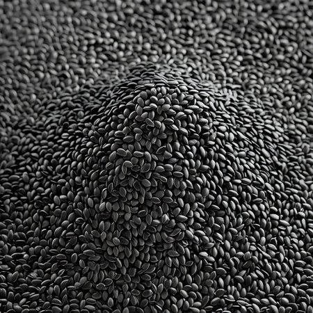 A large mound of dark black flax seeds dominates the frame, with the pile receding into the background. The seeds are densely packed, showcasing a rich texture with individual seeds clearly visible. The lighting creates subtle shadows and highlights, emphasizing the granular nature of the pile.の素材