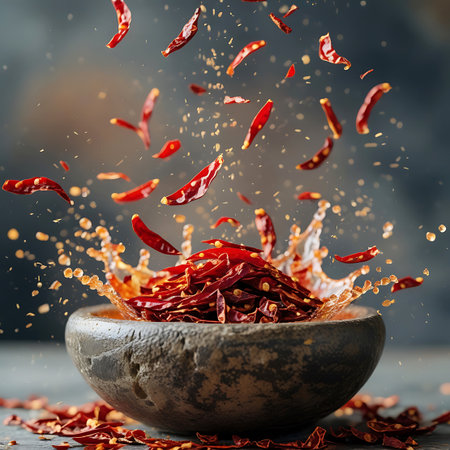 A close-up view of dried red chili peppers in mid-air, splashing out of a dark, rustic ceramic bowl. A dynamic burst of liquid creates a dramatic effect, with individual chili pieces scattered around. The dark, textured background provides a stark contrast to the vibrant red of the peppers and the energetic splash.の素材