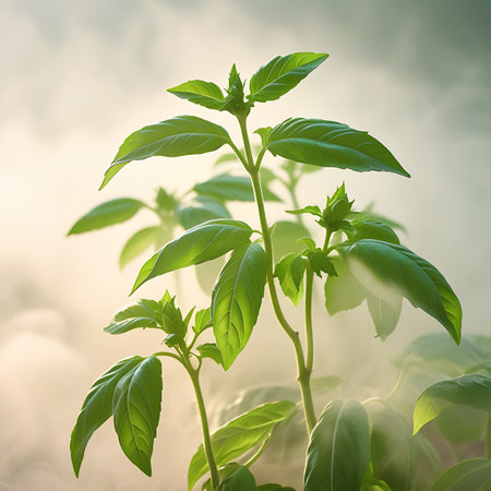 A close-up view of a vibrant green basil plant with detailed leaves and stems. Soft, diffused light illuminates the foliage, creating a gentle glow. A light fog or mist surrounds the plant, adding a dreamy and atmospheric quality to the background. The focus is on the fresh, healthy appearance of the herb.の素材