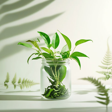 A clear glass jar filled with fresh green plant shoots and leaves, some submerged in water at the bottom. The jar sits on a clean white surface, and the background is illuminated with soft light, casting intricate shadows of fern fronds and other foliage. The overall impression is one of natural growth and serene simplicity.の素材