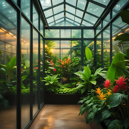 The interior of a greenhouse is filled with a variety of lush tropical plants, illuminated by warm sunlight. Green foliage, including large leaves and colorful flowers in shades of orange, yellow, and red, are arranged along a pathway. The glass structure allows natural light to stream in, creating a bright and inviting atmosphere.の素材