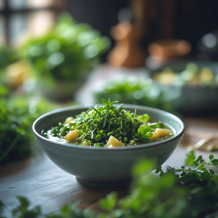 A close-up view of a light green bowl filled with a hearty soup. The soup contains visible chunks of potato and green peas, and is topped with a generous amount of finely chopped fresh green herbs. The bowl is placed on a wooden surface, with blurred green foliage and hints of other bowls in the background, creating a soft bokeh.の素材