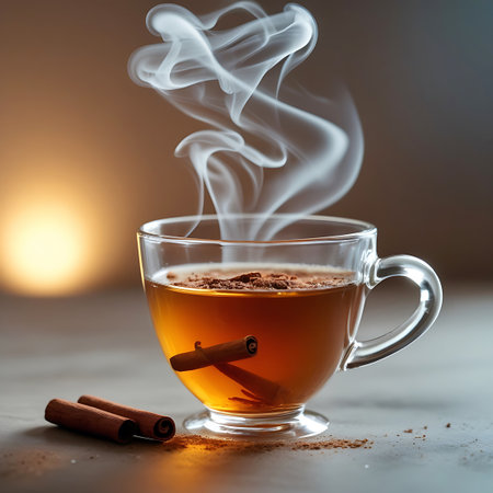 A clear glass cup filled with amber-colored hot tea is depicted. White steam gently rises from the tea's surface, signifying its heat. Two cinnamon sticks are placed on the dark surface next to the cup, and another cinnamon stick is submerged within the tea. Ground cinnamon is sprinkled on the tea's surface and around the base of the cup. The lighting is soft and diffused from the left, casting a warm glow and creating a blurred background with bokeh.の素材