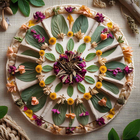 A circular mandala arrangement is created using dried flowers, green leaves, and thin twigs. The design is symmetrical with a central cluster of dried purple and red flowers, surrounded by radiating patterns of leaves, small yellow flowers, and light-colored twigs. The arrangement is placed on a textured woven mat with additional natural elements scattered around the edges.の素材