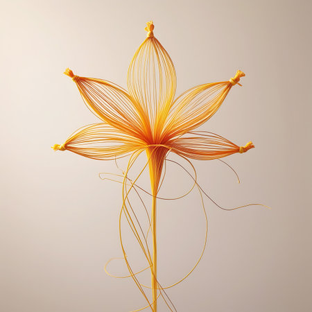 A symmetrical abstract flower sculpture resembling a lotus, constructed from fine orange wire. The six petals are formed by numerous thin filaments, each tied with a small knot at its tip. The central part of the flower is densely packed with orange threads. Thin, curly filaments extend from the stem and the base of the petals, adding a whimsical touch. The lighting is soft and even, highlighting the detailed wire construction against a plain, light background.の素材