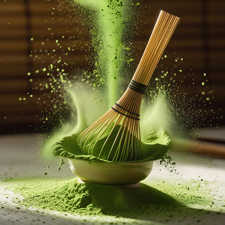 A light-colored bowl holds a pile of vibrant green matcha powder, with a green matcha whisk (chasen) submerged in it. Green powder is dramatically splashing and flying outwards from the bowl and whisk. The background is softly lit and blurred, with hints of bamboo texture.の素材