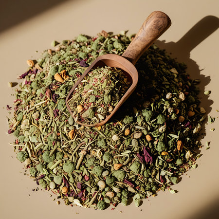 A top-down view of a large pile of dried herbal tea mix. A wooden scoop is nestled into the mound of loose leaves, stems, and small floral pieces. The mix contains various shades of green, with hints of red and brown. The background is a plain, light-colored surface, with a shadow cast from the side.の素材