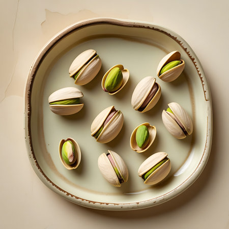 A close-up, overhead view of several pistachios arranged on a decorative ceramic plate. Some pistachios are whole with their shells, while others are open, revealing the vibrant green nut inside. The plate has a textured rim with a subtle brown and beige color palette, and it rests on a neutral background.の素材