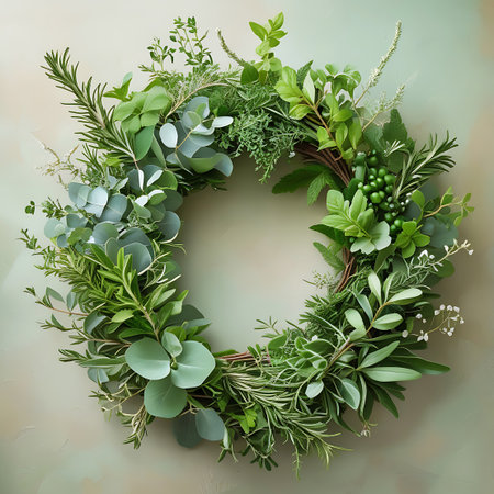 An overhead perspective showcases a vibrant green wreath meticulously crafted from an assortment of fresh herbs and foliage. Prominent elements include rosemary sprigs, eucalyptus leaves, basil, mint, and small clusters of green berries, all arranged on a rustic twig base. The wreath is set against a subtly textured, light-colored background, highlighting its natural beauty and organic composition.の素材