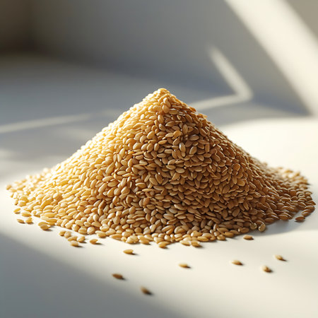 A close-up, high-angle view of a neat pile of golden flax seeds. The seeds are small, oval-shaped, and have a light brown, golden hue. Sunlight streams in from the side, casting distinct shadows across the surface and the scattered seeds around the base of the pile. The background is a plain, light-colored surface.の素材