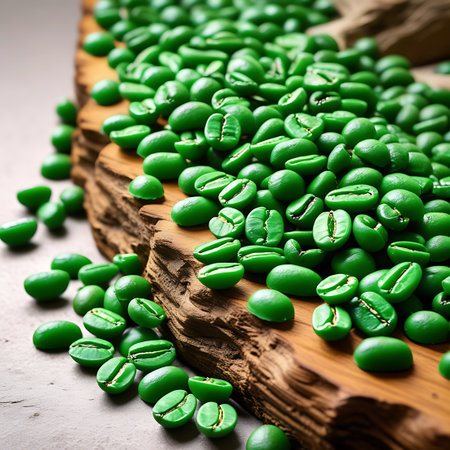 A close-up view of a large pile of raw, unroasted green coffee beans scattered across a textured, rough wooden surface. The beans are vibrant green and oval-shaped, with a visible crease down the middle. The wood has a rustic, natural grain.の素材