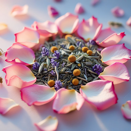 A close-up, top-down view of a circular arrangement of delicate pink rose petals surrounding a pile of dried herbs and lavender buds. Scattered rose petals are visible on the light-colored surface, creating a soft and inviting composition. The lighting casts gentle shadows, highlighting the textures of the petals and the herbal blend.の素材
