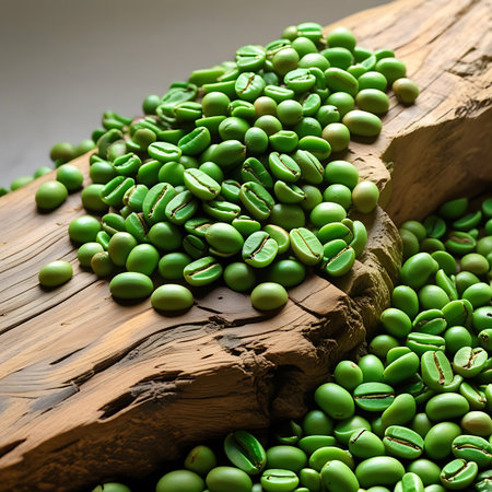 A close-up view of a large pile of raw, green coffee beans scattered across a rough, textured piece of wood. The beans are oval-shaped with a visible central groove. The wood has a natural, rustic appearance with visible grain and cracks. The lighting emphasizes the texture of both the beans and the wood.の素材