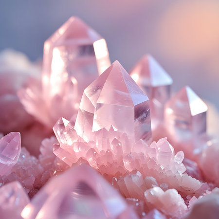 A detailed macro shot of a cluster of pink crystals, resembling a geode formation. Multiple faceted points of varying sizes emerge from a base of smaller, granular crystals. The translucent pink material catches the light, creating a soft, luminous glow. The background is a gentle blend of pastel colors, with soft bokeh, enhancing the delicate and ethereal quality of the crystal formation.の素材