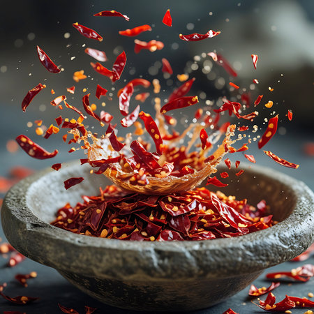 A dramatic close-up captures dried red chili peppers bursting upwards from a rough, stone-like bowl. A vigorous splash of liquid erupts from the center, sending chili pieces and small debris flying into the air. The dark, textured background enhances the intensity of the red peppers and the energetic splash.の素材