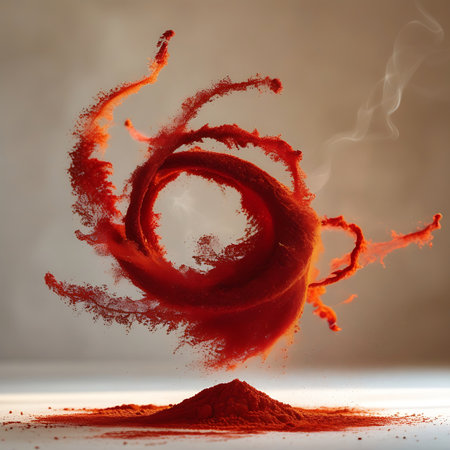A captivating vortex of red powder is depicted in mid-air, with wisps of smoke or fine dust trailing from its edges. The swirling form is dynamic and energetic, with numerous small particles suspended around it. A pile of red powder sits at the base, contrasting with the airborne spectacle.の素材