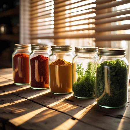 A line of five glass jars filled with a variety of colorful spices and fresh herbs is displayed on a rustic wooden table. The jars contain red powder, orange powder, yellow powder, and two types of green herbs. Warm sunlight streams through horizontal blinds in the background, casting distinct striped shadows across the jars and the wooden surface, highlighting the textures and colors of the ingredients.の素材