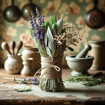 This image presents a rustic bundle of fresh herbs, including sprigs of lavender, sage leaves, and other greenery, neatly tied with twine. It is placed on a textured wooden table in a kitchen setting. In the background, out of focus, are vintage kitchen elements like pots, pans, jars, and a mortar and pestle, contributing to a warm, country-style ambiance.の素材