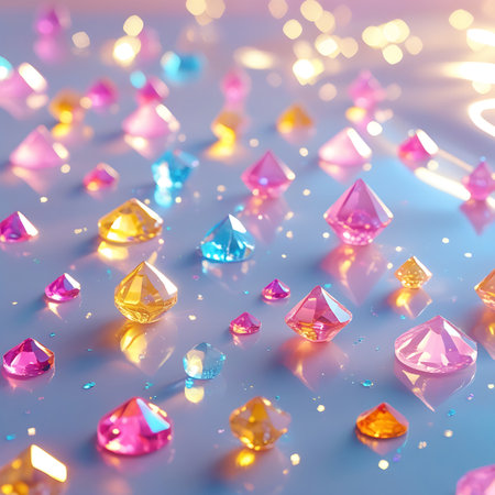 An arrangement of scattered, colorful faceted gemstones on a light-colored surface, with a background filled with soft, glowing bokeh lights. The crystals in pink, blue, yellow, and orange catch the light, creating a vibrant and magical visual effect.の素材