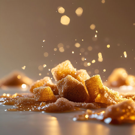 A close-up view shows several scattered cubes and fragments of amber sugar partially melting into a pool of liquid caramel. The sugar pieces have a crystalline, granular texture and are lit to appear glowing from within. The caramel is thick and viscous, with small droplets and splashes visible. The background is softly blurred with warm, golden bokeh lights, enhancing the sweet and decadent feel.の素材