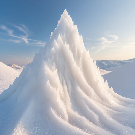 A towering, sharply pointed peak composed of white crystalline salt is the central focus. The surface is intensely textured with numerous small, sharp, spiky projections and deep vertical striations, resembling a natural crystal growth. It is set against a vast, arid landscape under a bright blue sky with thin, wispy clouds. The overall scene conveys a sense of extreme natural beauty and geological wonder.の素材