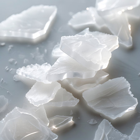 This image features numerous scattered translucent white crystalline shards arranged on a light-colored surface. The shards have irregular shapes and sharp, defined edges, with some appearing layered or striated. Bright highlights and reflections of light are visible on their surfaces, indicating a smooth yet textured finish. The overall impression is one of delicate, brittle fragments, possibly resembling ice or mineral deposits. The background is softly out of focus, allowing the viewer to...の素材