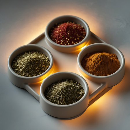 Four small, round bowls filled with different spices are placed on a square tray with rounded corners. The spices include bright yellow turmeric or curry powder, finely chopped dried green herbs, and a vibrant red spice with small seeds. Dramatic backlighting creates a warm glow around the edges of the bowls and tray, casting soft shadows and a diffused light across the scene. The focus is soft, emphasizing the textures and colors of the spices.の素材