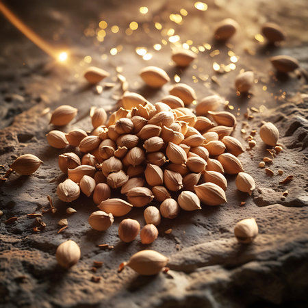 A pile of light brown nuts and seeds is scattered across a textured, earthy ground. Individual nuts and seeds are spread out around the main pile. The background features soft, out-of-focus golden lights, creating a warm and inviting atmosphere. The lighting highlights the natural textures of the nuts and the ground.の素材